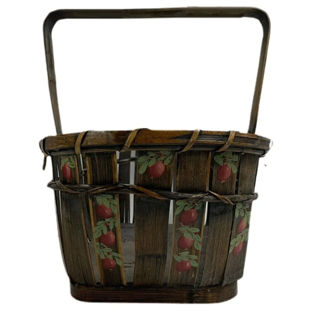 Vtg Hand Painted Basket Apples Reed  Artist Signed 90s Vintage Country Farmhouse